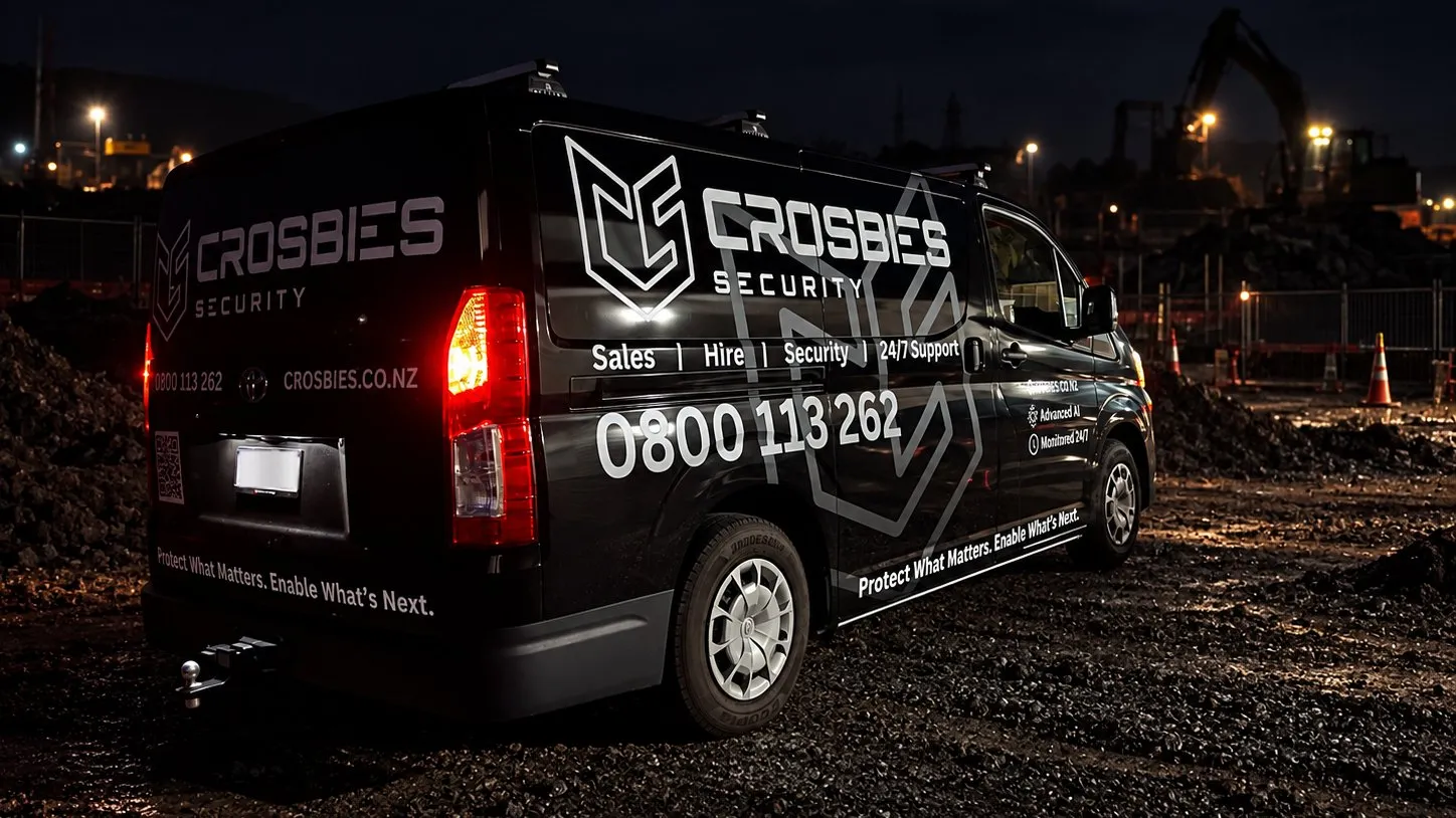 A Crosbies Security branded van parked on a construction site at night